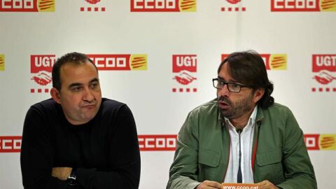 Los secretarios generales de UGT y CCOO de Catalu&ntilde;a, Camil Ros (d) y Javier Pacheco (i)