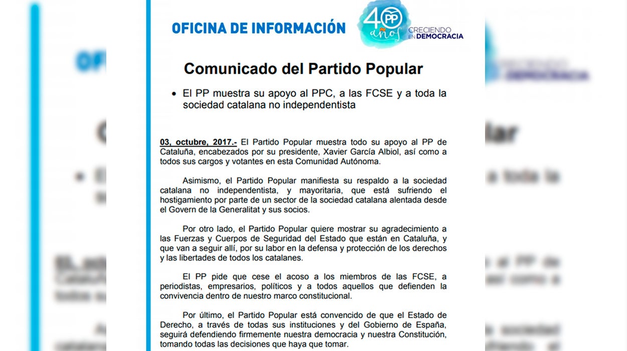 El PP pide cese el "acoso" a fuerzas seguridad, periodistas y no independentistas El PP pide cese el "acoso" a fuerzas seguridad, periodistas y no independentistas