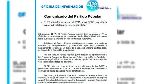 Comunicado del Partido Popular apoyando a las Fuerzas de Seguridad del Estado en Catalu&ntilde;a