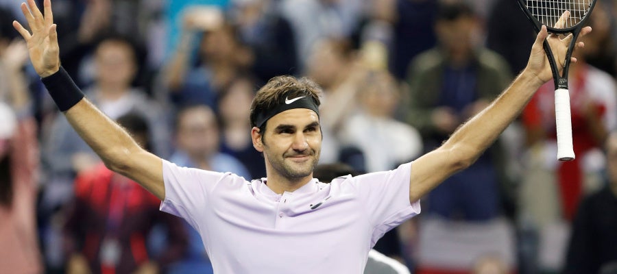 Federer celebra la victoria contra Del Potro Federer celebra la victoria contra Del Potro