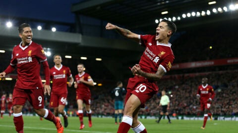 Coutinho celebra un gol con el Liverpool