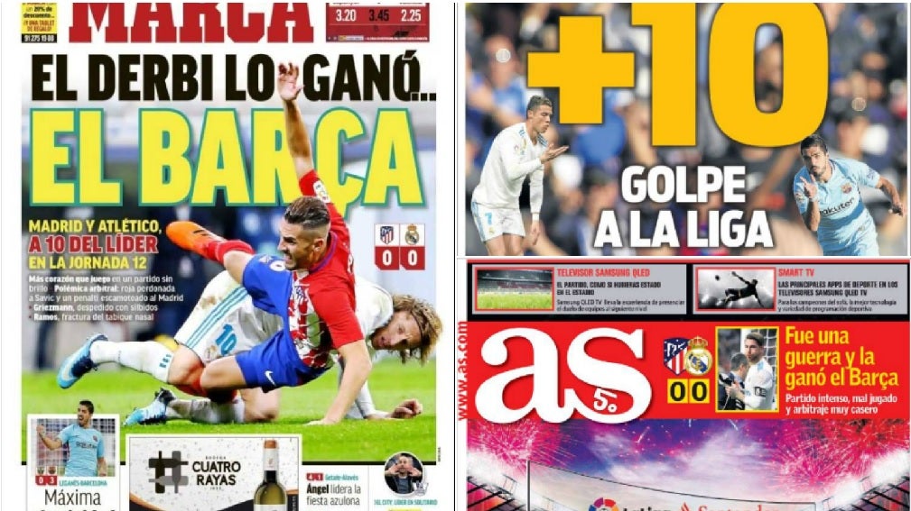 El empate en el derbi visto por la prensa: "El derbi lo ganó... el Barca", "+10" y "Fue una guerra y la ganó el Barça" El empate en el derbi visto por la prensa: "El derbi lo ganó... el Barca", "+10" y "Fue una guerra y la ganó el Barça"