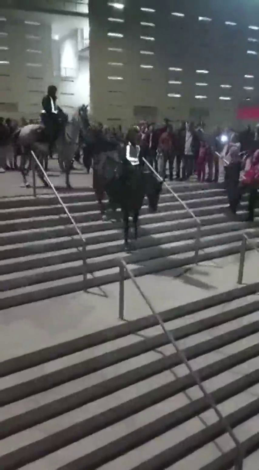 La caída de un policía a caballo en unas escaleras del Wanda Metropolitano antes del derbi La caída de un policía a caballo en unas escaleras del Wanda Metropolitano antes del derbi