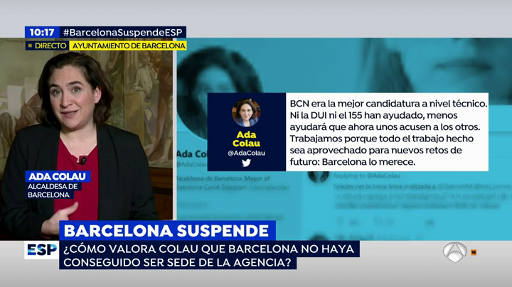 Ada Colau cree que el resultado de la EMA se debe "al contexto político" y considera que las responsabilidades "son compartidas" Ada Colau cree que el resultado de la EMA se debe "al contexto político" y considera que las responsabilidades "son compartidas"
