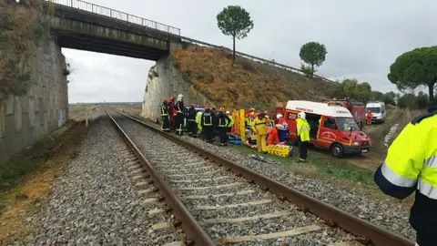 Imagen de los efectivos de Emergencias trabajando en el lugar del descarrilamiento Imagen de los efectivos de Emergencias trabajando en el lugar del descarrilamiento