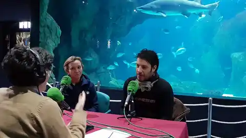 Susana Acle y Jorge Rodríguez a punto de entrar en el tanque de los tiburones Acuario de Gijón