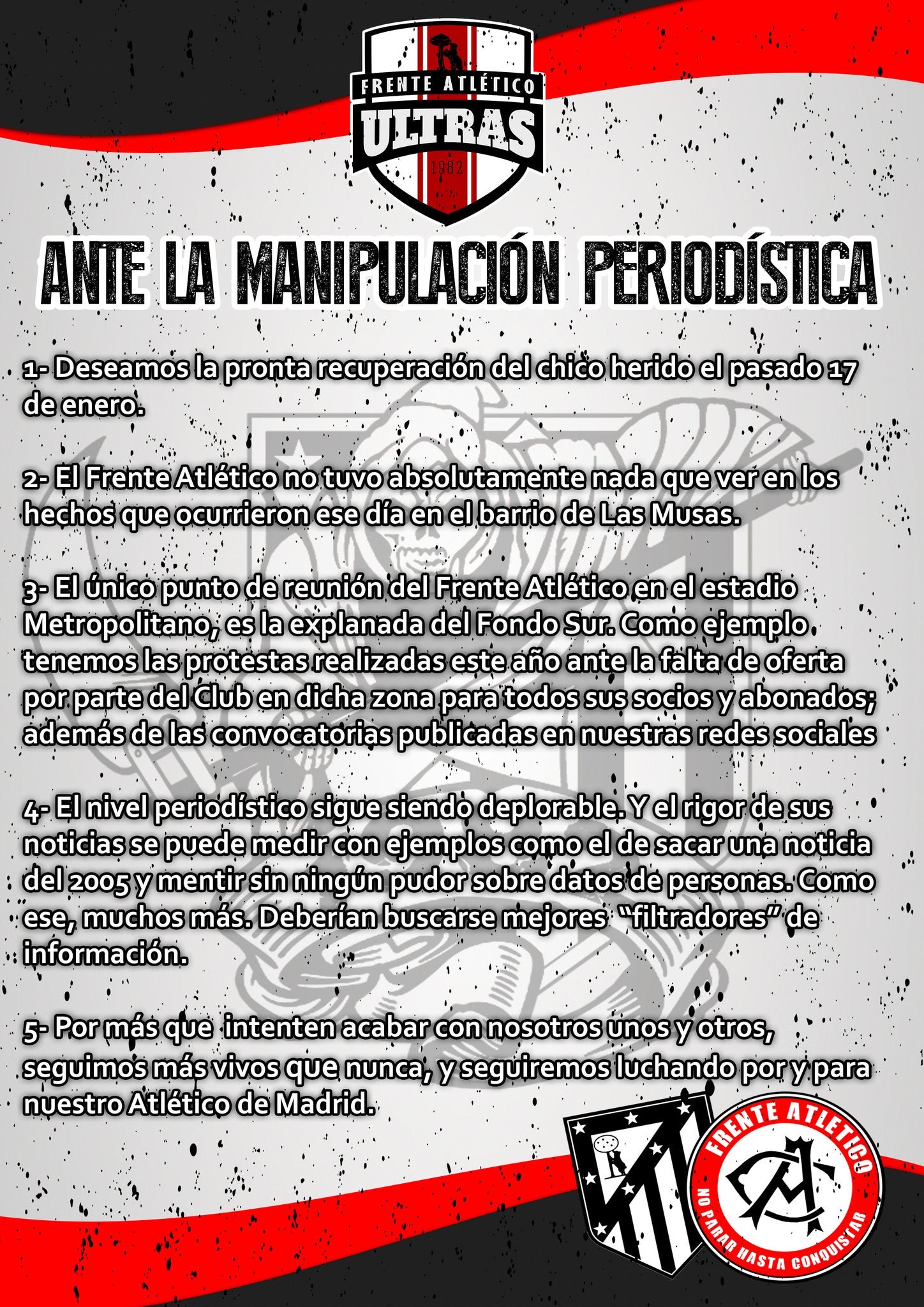 El Frente Atlético se desmarca del apuñalamiento de ‘El Raciones’ en Las Musas El Frente Atlético se desmarca del apuñalamiento de ‘El Raciones’ en Las Musas