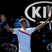Federer celebra su victoria ante Marton Fucsovics Federer celebra su victoria ante Marton Fucsovics