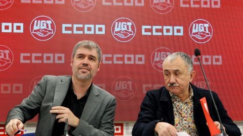 Los secretarios generales de CCOO y UGT, Unai Sordo y Pepe &Aacute;lvarez