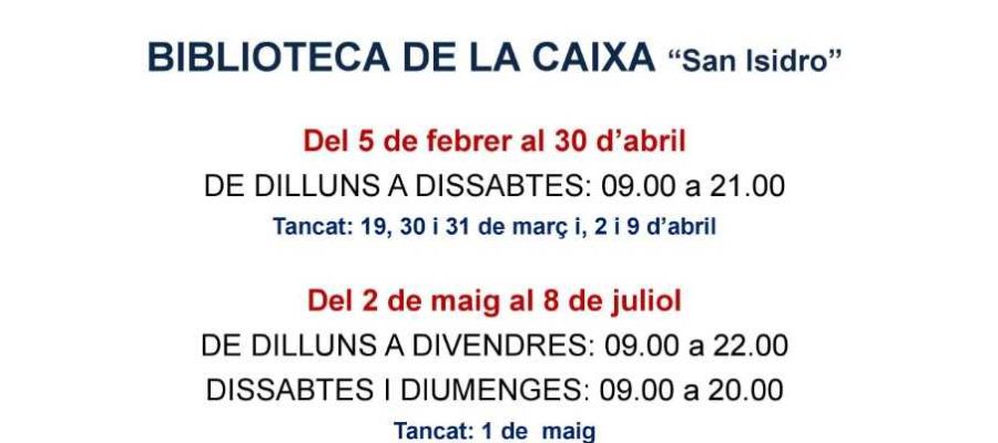 El Ayuntamiento de la Vall d’Uixó amplía el horario especial de estudio de la biblioteca de la Caja Rural San Isidro. El Ayuntamiento de la Vall d’Uixó amplía el horario especial de estudio de la biblioteca de la Caja Rural San Isidro.