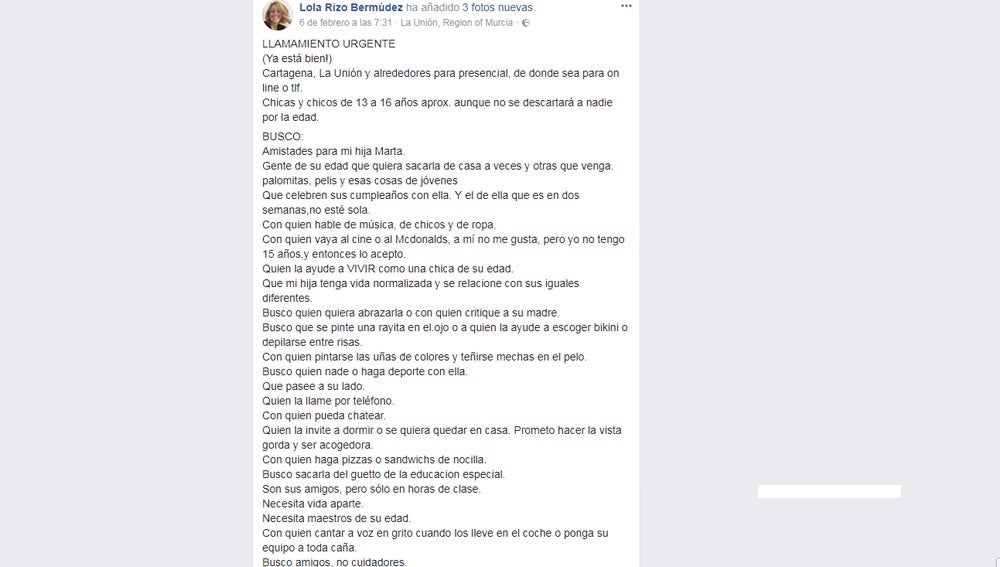 Una madre pide en Facebook amigos para su hija con discapacidad, atrapada "en el gueto de la educación especial" Una madre pide en Facebook amigos para su hija con discapacidad, atrapada "en el gueto de la educación especial"