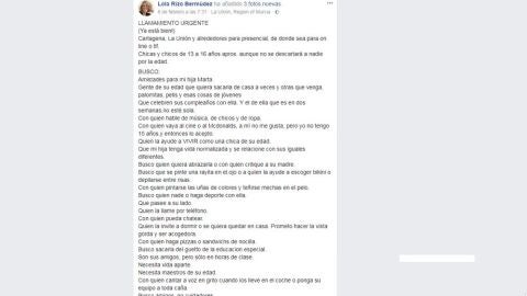 Mensaje en Facebook de Lola Rizo