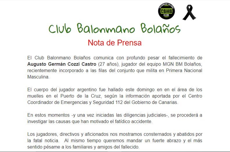 Encuentran el cuerpo de un jugador de balonmano del Bolaños en el muelle de Puerto de la Cruz Encuentran el cuerpo de un jugador de balonmano del Bolaños en el muelle de Puerto de la Cruz