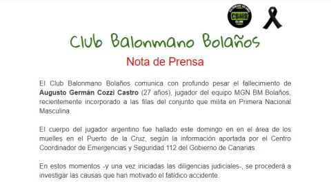 El comunicado del Bola&ntilde;os informando de la tr&aacute;gica noticia