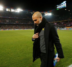 Guardiola, durante el partido contra el Basilea Guardiola, durante el partido contra el Basilea