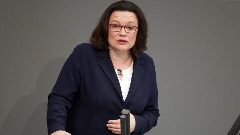 Andrea Nahles, presidenta del grupo parlamentario del Partido Socialdem&oacute;crata Alem&aacute;n (SPD),
