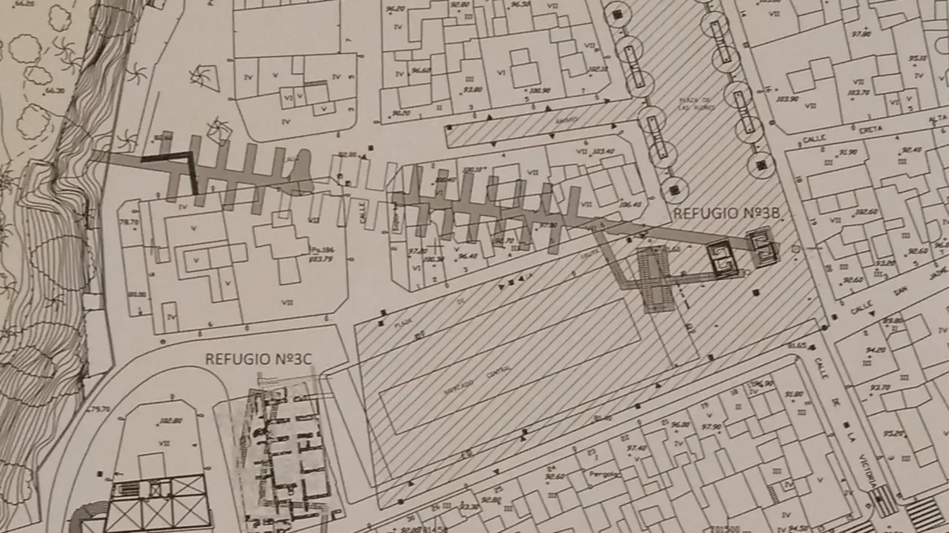 Plano de 1955 que dibuja el refugio de la Guerra Civil de la Plaza de Las Flores de Elche