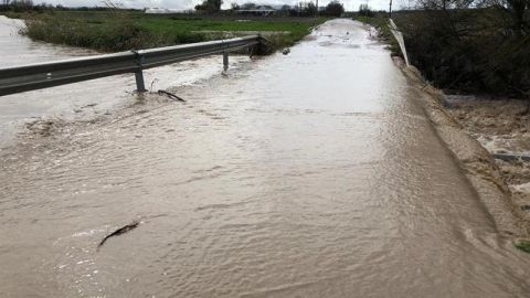 El arroyo Alameda, en Arahal (Sevilla), completamente desbordado tras el temporal