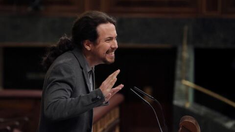 El l&iacute;der de Podemos, Pablo Iglesias, durante su intervenci&oacute;n en el pleno del Congreso
