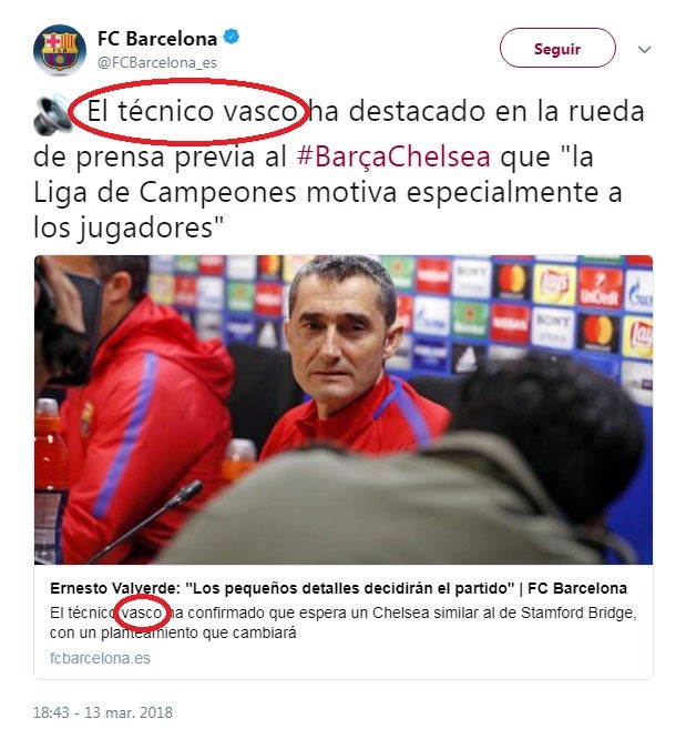 El despiste 'geográfico' del Barcelona: se dirigen a Valverde como "técnico vasco" El despiste 'geográfico' del Barcelona: se dirigen a Valverde como "técnico vasco"