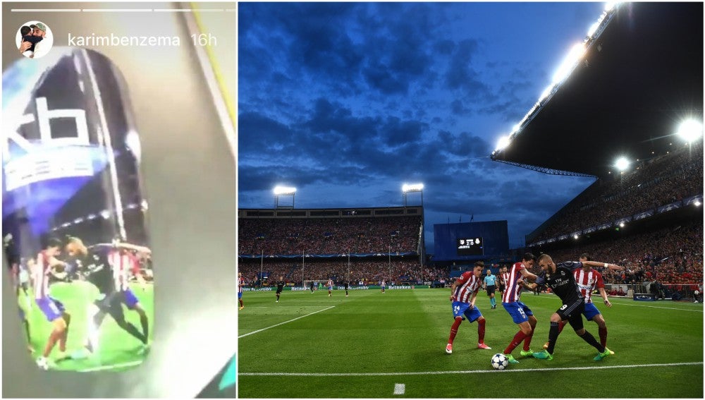 Benzema personaliza sus espinilleras con su famosa jugada ante el Atlético de Madrid Benzema personaliza sus espinilleras con su famosa jugada ante el Atlético de Madrid