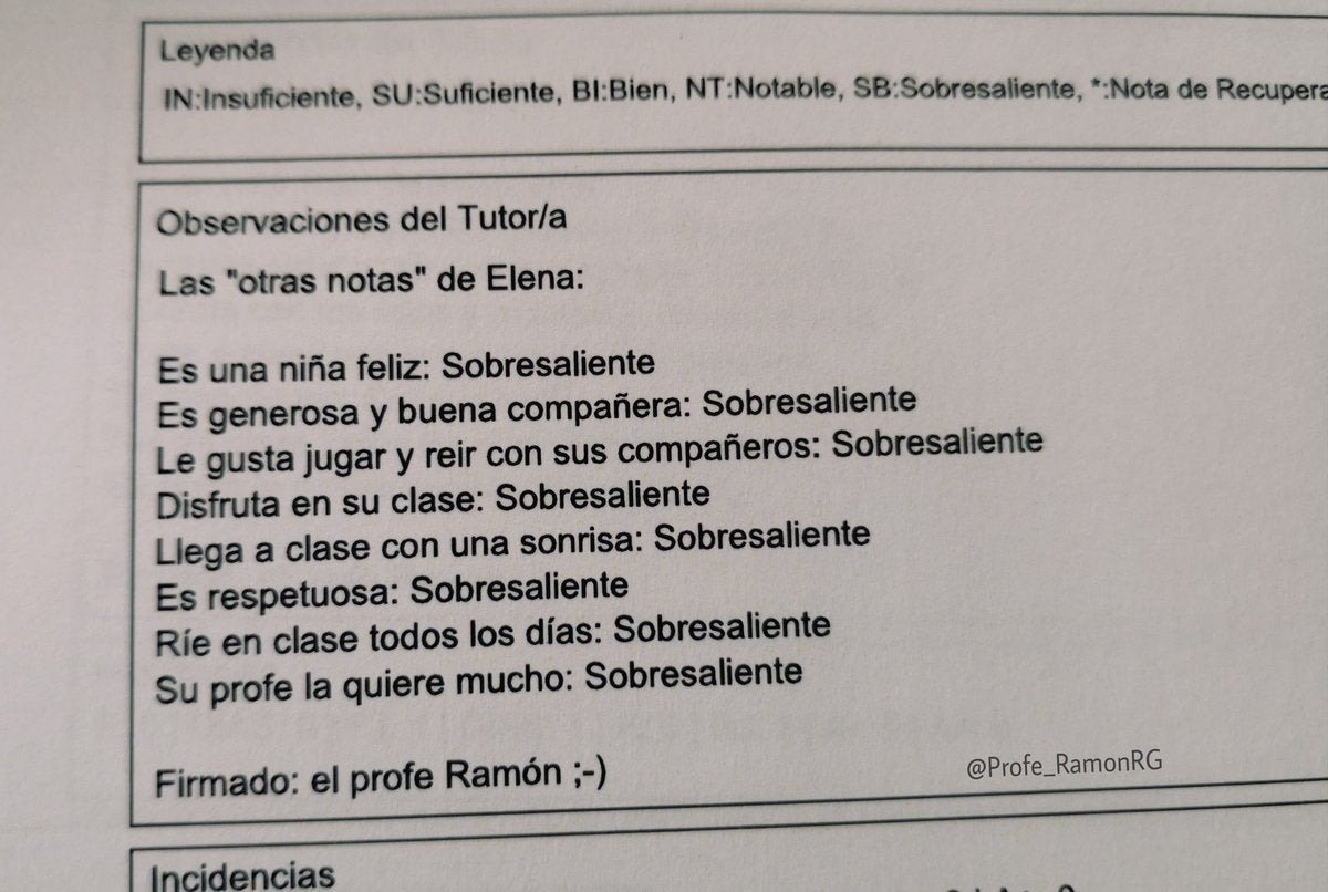 Las 'otras notas' que un profesor pone a sus alumnos de 9 años triunfan en las redes sociales Las 'otras notas' que un profesor pone a sus alumnos de 9 años triunfan en las redes sociales