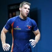 El español David Sánchez tras un levantamiento en la categoría de 69 kilos de los Campeonatos Europeos de Halterofilia 2018