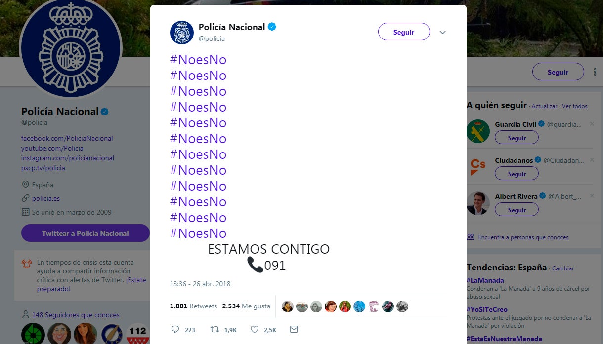 "#NoesNo, #NoesNo", el tuit de Policía Nacional tras sentencia de La Manada "#NoesNo, #NoesNo", el tuit de Policía Nacional tras sentencia de La Manada