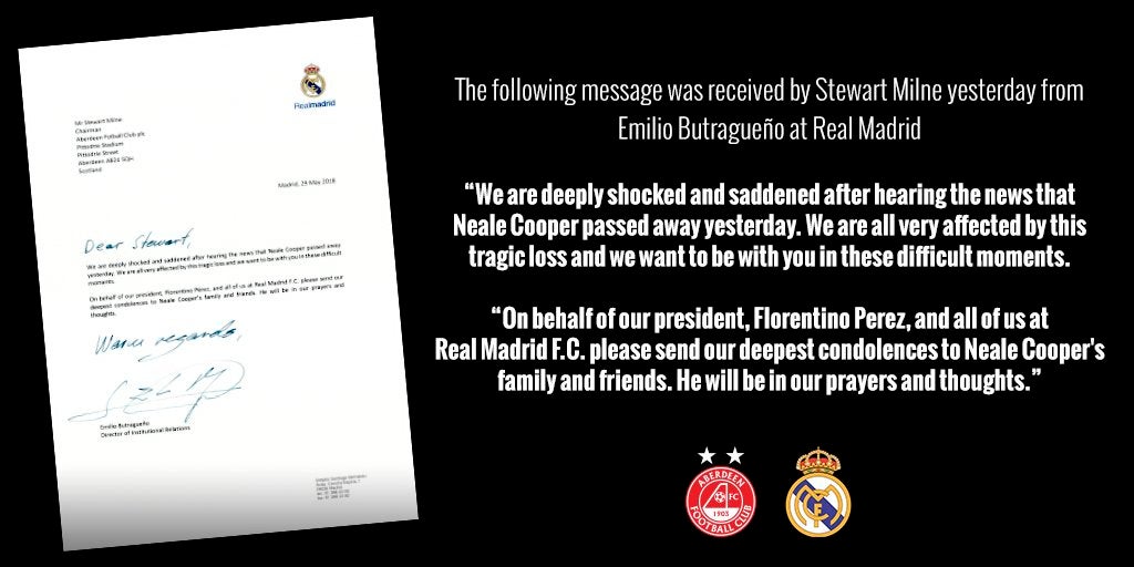 La aplaudida carta del Real Madrid al Aberdeen tras el fallecimiento de un exjugador La aplaudida carta del Real Madrid al Aberdeen tras el fallecimiento de un exjugador