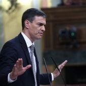 El líder del PSOE, Pedro Sánchez durante su intervención en el debate