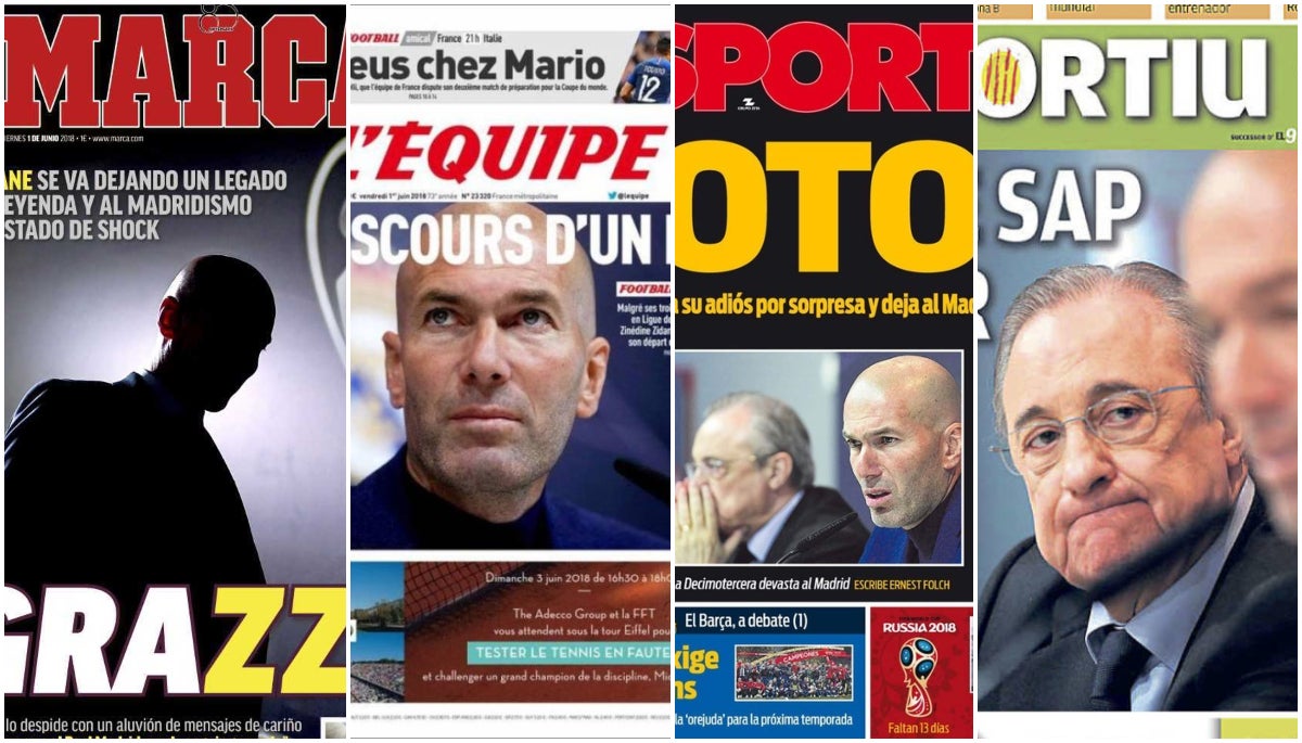 "Rotos", "en shock", "el discurso de un rey"... las portadas de los medios tras el adiós de Zidane "Rotos", "en shock", "el discurso de un rey"... las portadas de los medios tras el adiós de Zidane