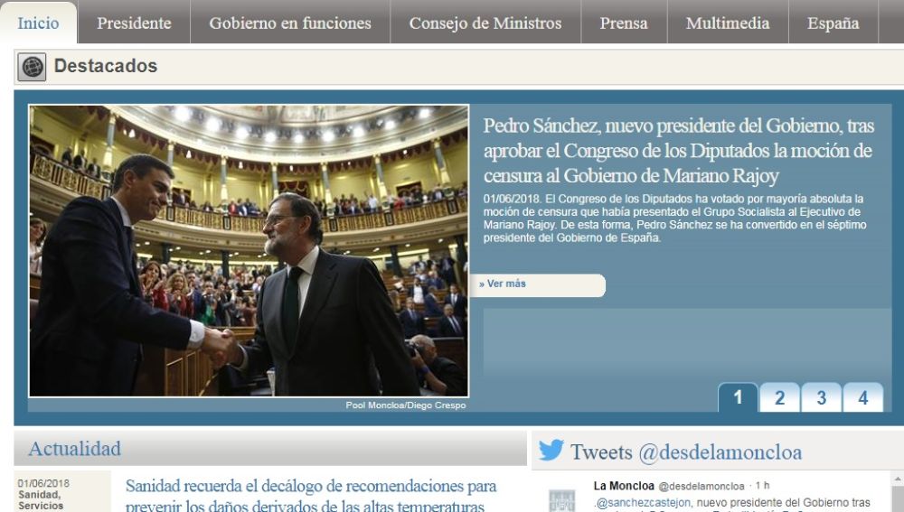 Moncloa actualiza su web tras el triunfo de la moción de censura de Sánchez contra Rajoy