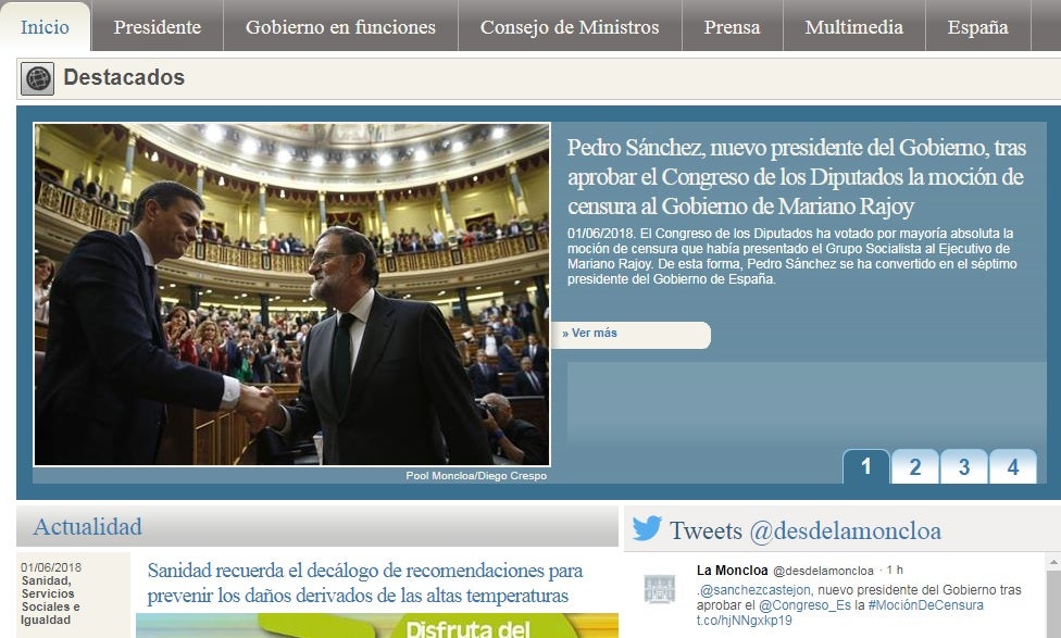 Moncloa actualiza su web tras el triunfo de Sánchez en la moción de censura Moncloa actualiza su web tras el triunfo de Sánchez en la moción de censura