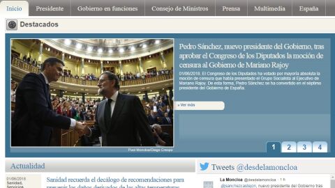 Moncloa actualiza su web tras el triunfo de la moci&oacute;n de censura de S&aacute;nchez contra Rajoy