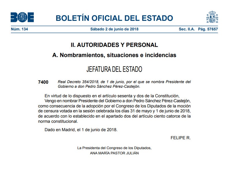 El BOE publica el nombramiento de Pedro Sánchez como presidente del Gobierno y el cese de Mariano Rajoy y de su Gobierno El BOE publica el nombramiento de Pedro Sánchez como presidente del Gobierno y el cese de Mariano Rajoy y de su Gobierno
