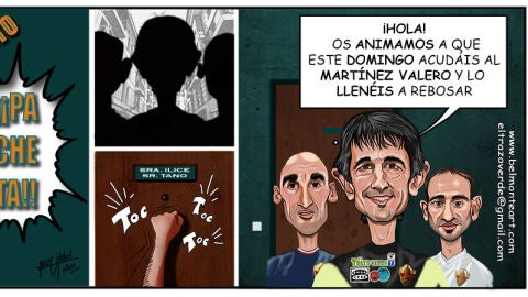 La vi&ntilde;eta de Jos&eacute; Antonio Belmonte representa a Pacheta y a los veteranos Nino y Jos&eacute; Juan tocando a la puerta de los aficionados.