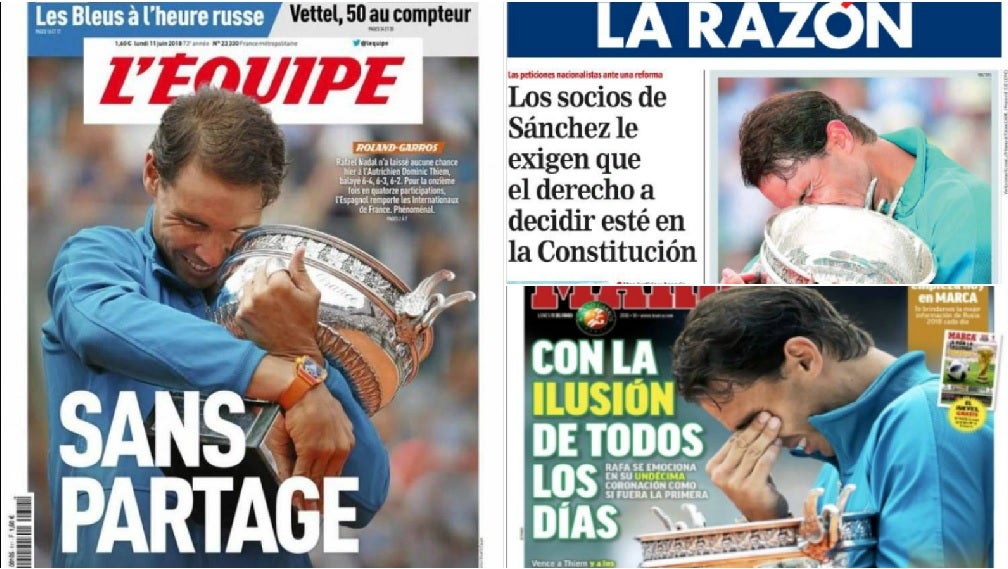 <p>'Mítico', 'Once veces Nadal', 'Marciano de la tierra': la prensa se rinde ante Nadal y su undécimo Roland Garros</p> <p>'Mítico', 'Once veces Nadal', 'Marciano de la tierra': la prensa se rinde ante Nadal y su undécimo Roland Garros</p>