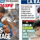 Rafa Nadal, protagonista de la prensa por su undécimo Roland Garros