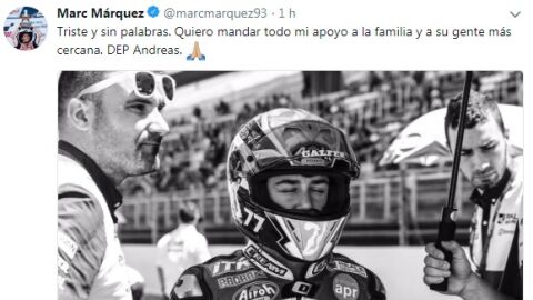 Tuit de Marc M&aacute;rquez lamentado la muerte de Andreas P&eacute;rez