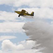 Una avioneta realiza una descarga durante la presentación del dispositivo de lucha contra incendios en Baleares. 