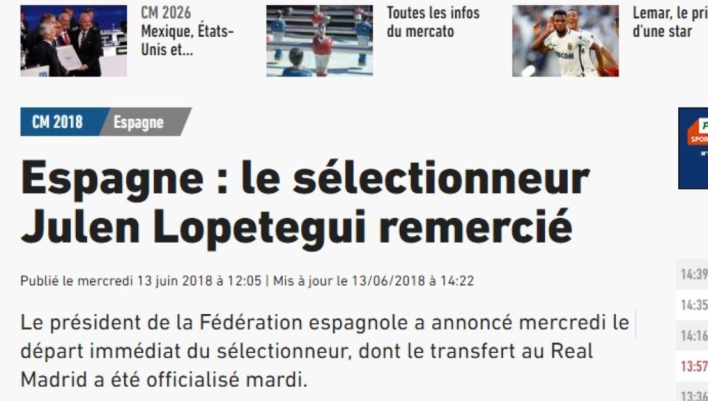 Portada de 'L'Equipe' sobre la destitución de Julen Lopetegui