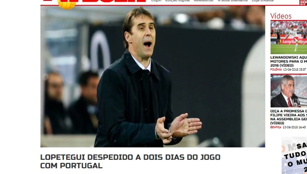 Portada del diario 'A bola' de Portugal sobre la destitución de Lopetegui