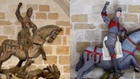 El antes y el despu&eacute;s de la escultura de San Jorge en la iglesia de San Miguel de Estella
