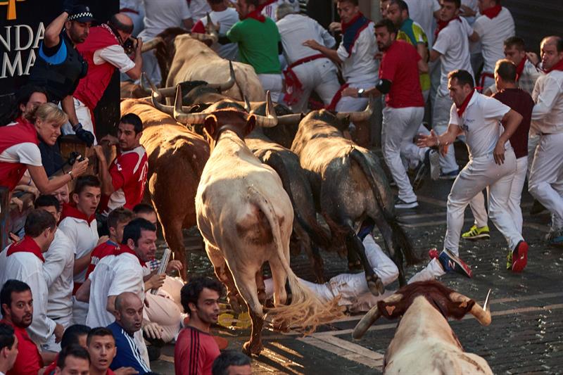 Un veloz y peligroso encierro de Miura cierra San Fermín 2018 Un veloz y peligroso encierro de Miura cierra San Fermín 2018