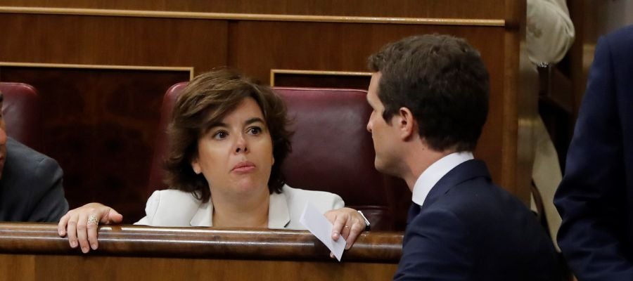 El presidente del PP, Pablo Casado, y la exvicepresidenta del Gobierno Soraya Saénz de Santamaría El presidente del PP, Pablo Casado, y la exvicepresidenta del Gobierno Soraya Saénz de Santamaría