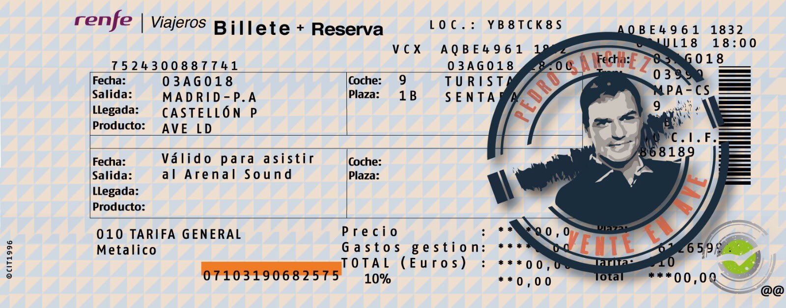 Nuevas Generaciones envía a Sánchez un billete de AVE para ir al Arenal Sound, pero sin el avión Nuevas Generaciones envía a Sánchez un billete de AVE para ir al Arenal Sound, pero sin el avión