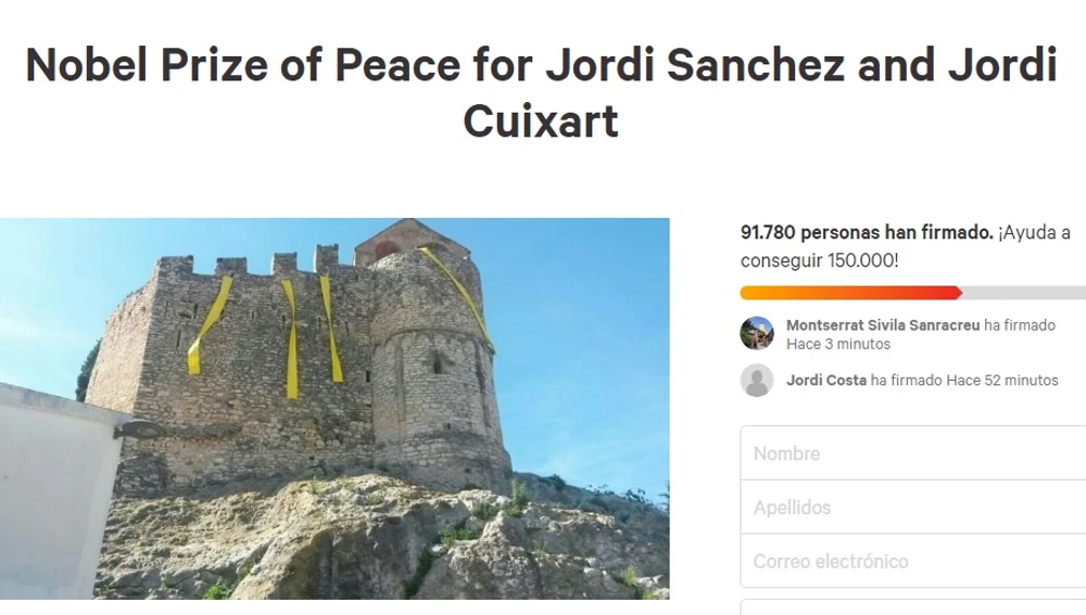 Captura de pantalla de la petición del Nobel de la Paz para Jordi Sánchez y Jordi Cuixart