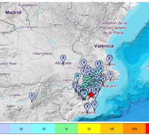 Mapa de municipios en los que se ha sentido el terremoto de Albatera Mapa de municipios en los que se ha sentido el terremoto de Albatera