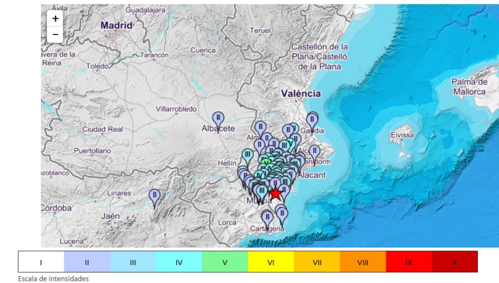 Mapa de municipios en los que se ha sentido el terremoto de Albatera