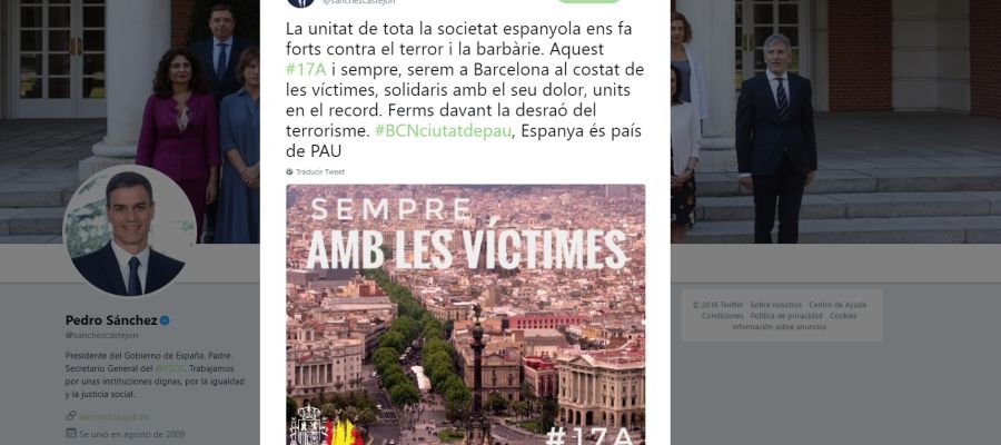 Tuit Pedro Sánchez por el aniversario de los atentados de Cataluña Tuit Pedro Sánchez por el aniversario de los atentados de Cataluña